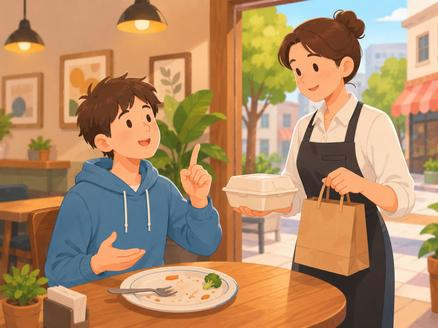 レストランで料理を持ち帰る場面